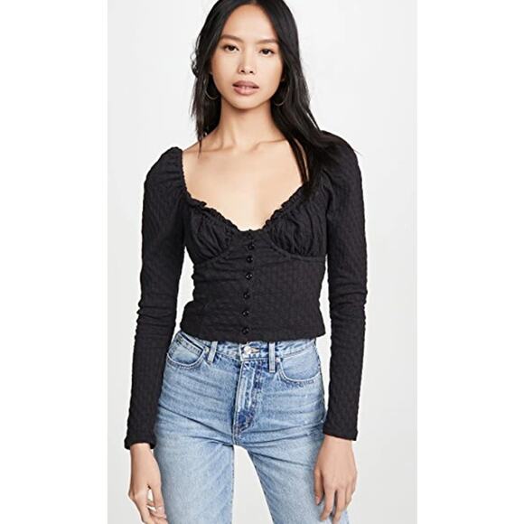FREE PEOPLE Ladybug Long Sleeve Top Black Textured Ruffle Crop Women's S - Picture 10 of 10